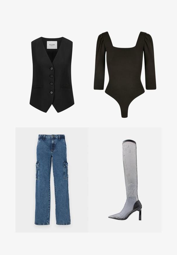 Zwart op maat gemaakt vest van stof met een gladde textuur. Kenmerkt zich door een V-hals, vijf knopen en twee voorkgzakken, ontworpen met een getailleerde silhouette.; Zwarte bodysuit met een vierkante halslijn, driekwart mouwen en een aansluitend ontwerp. Gemaakt van glad materiaal met een tanga snit aan de onderkant.; Blauwe denim cargo broek met een ontspannen pasvorm, voorzien van twee zijzakken, versterkte stiksels en een recht gesneden ontwerp.; Zwarte visnet kniehoge laars met een puntige neus, gedetailleerd met glanzende accenten en een glanzende zwarte hak. Heeft een gestroomlijnd, gestructureerd ontwerp.