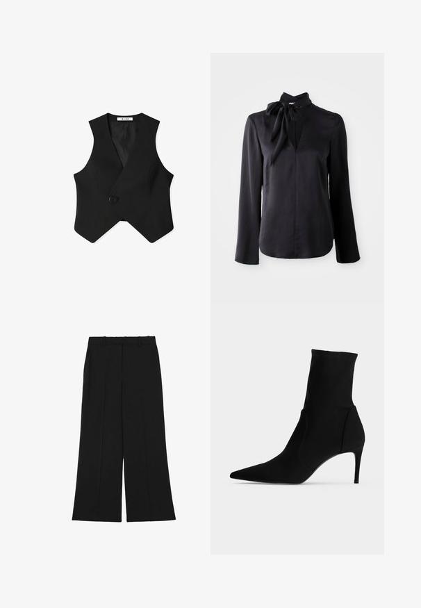 Zwarte mouwloze vest met een wikkelontwerp, enkele paarse knoopsluiting en een gestructureerde stof met een gladde binnenvoering.; Zwarte langemouwen blouse van gladde stof met een V-hals en een gestrikt kraagdetail. Heeft een rechte snit en subtiele stikaccenten.; Zwarte wijde broek gemaakt van een gladde stof. Voorzien van een hoge taille, dubbele voorplooien en riemlussen. Geen zichtbare zakken of versieringen.; Zwarte enkellaars met spitse neus en slanke hoge hak, in profiel getoond op een lichte achtergrond. Stijlvol en minimalistisch ontwerp.