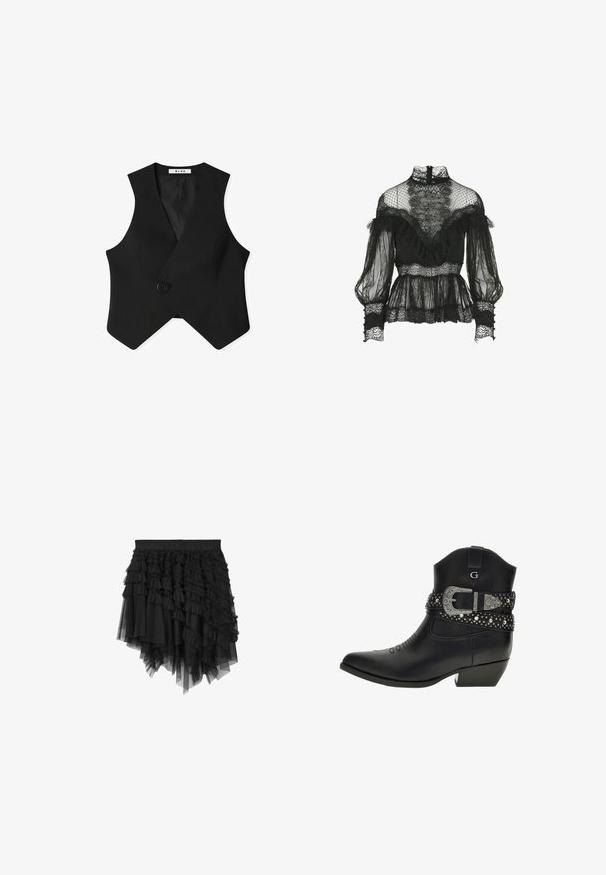 Zwarte mouwloze vest met een wikkelontwerp, enkele paarse knoopsluiting en een gestructureerde stof met een gladde binnenvoering.; Luisa Spagnoli Lauco- Blouse - Fashion Show - Blouse - nero; Zwarte asymmetrische gelaagde tule rok met meerdere geplooide lagen en een elastische tailleband met geperste merktekst.; Zwarte leren cowboylaarzen met een spitse neus, decoratieve stiksels, accenten in zilverkleurige gesp en een lage, blokhak.
