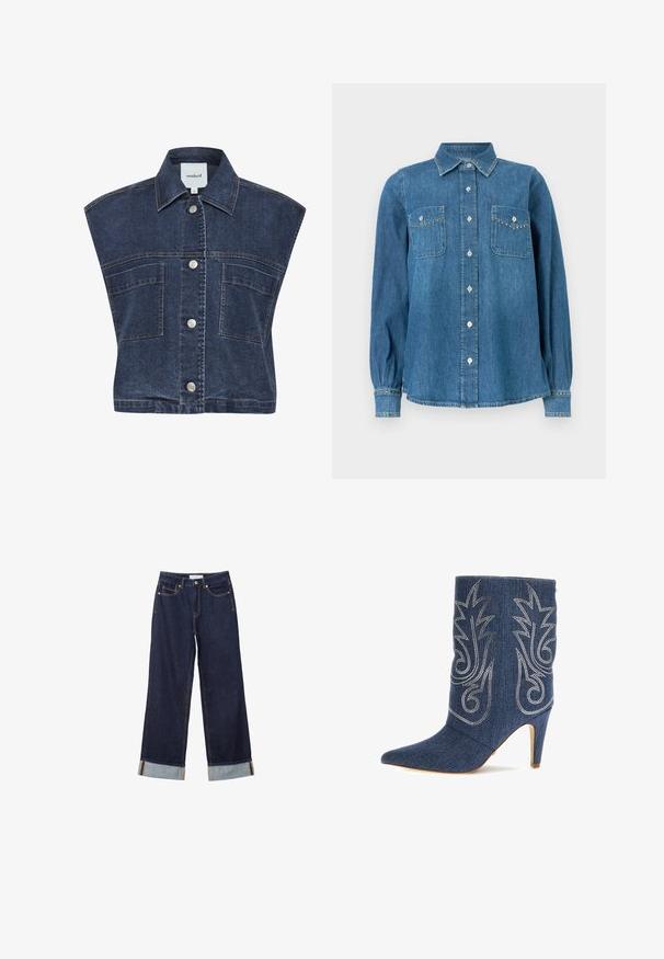 Denim vest med en mørk vask, ærmeløs design, spids krave og sølvtrykknapper. Har to forlommer med topstikning.; Denimskjorte med en knappelukning på kraven, to brystlommer og dekorative nitter langs lommekanter og manchetter. Blåt stof med en blød tekstur.; Mørkeblå jeans med vide ben og op rullede manchetter, forlommer og synlige sømme, lagt fladt på en hvid baggrund.; Denim ankelstøvle med spids tå, buet design, sølv dekorativ syning og 3-tommer stiletto hæl. Mørkeblå med struktureret finish.