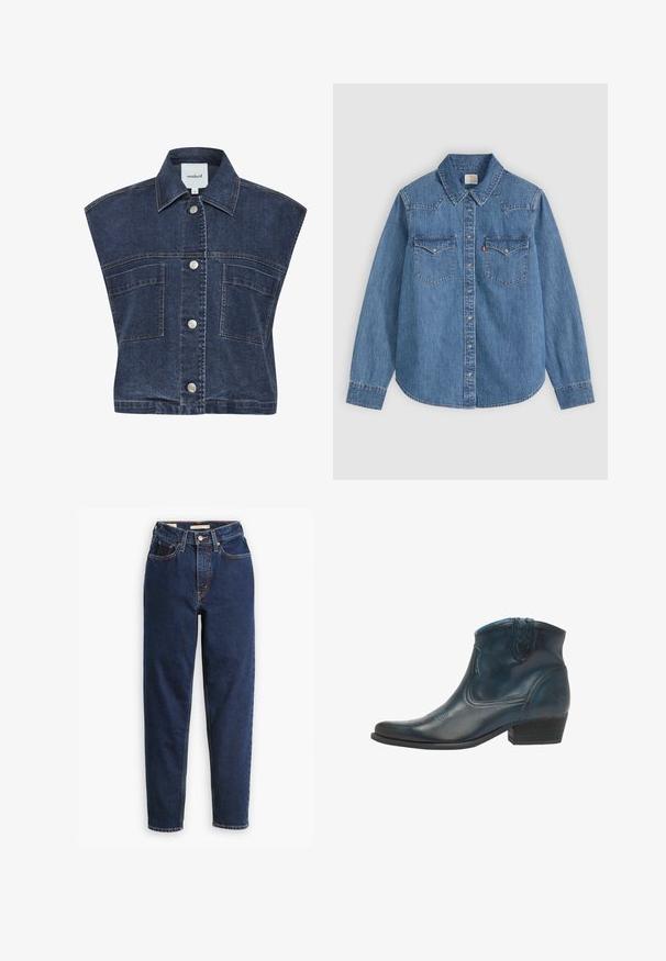 Denim vest med en mørk vask, ærmeløs design, spids krave og sølvtrykknapper. Har to forlommer med topstikning.; Langærmet blå denim skjorte med knapper, spids krave og to brystlommer med klap på en lys baggrund.; Mørkeblå denimjeans med høj talje, femlommedesign og lige ben. Kontrastsyninger og knaplukning.; Cowboy ankel støvler lavet af mørkeblåt læder, med spidse tæer, buede detaljer og en lav, stablet hæl med subtile syninger.