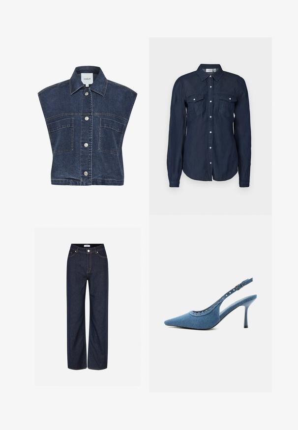 Denimweste mit dunkler Waschung, ärmellosem Design, spitzem Kragen und silbernen Druckknöpfen. Verfügt über zwei Vordertaschen mit Oberstoffnähten.; Marineblaues Hemd mit Knopfleiste aus leichtem Stoff, ausgestattet mit zwei Vorderaschen, langen Ärmeln und einem klassischen Kragen mit abgerundetem Saum.; Dunkelblaue Weitbeine-Jeans aus Denim mit großen Taschen, kontrastierenden orangen Nähten und einem Knopfverschluss an der Taille.; Blauer Denim-Pumps mit spitz zulaufender Vorderkappe, silbernen Ösendetails und verstellbarem Schnallenriemen.