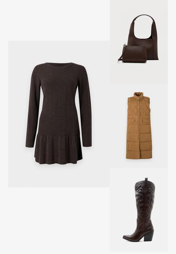 Lang, ærmeløs brun puffer vest med diamant quiltet mønster, høj krave, front snap lukning og to forreste lomme.; Ribbet brun kjole med lange ærmer, der har en flagrende kant. Lavet af et blødt, tekstureret materiale, der giver en tætsiddende silhuet.; Høj mørkebrun læder cowboystøvle med syede dekorative mønstre, spids tå og stablet blokhæle.; Brun syntetisk håndtaske med et buet håndtag og en glat tekstur. Inkluderer et matchende lille toilettaske med lynlås. Minimalistisk design.
