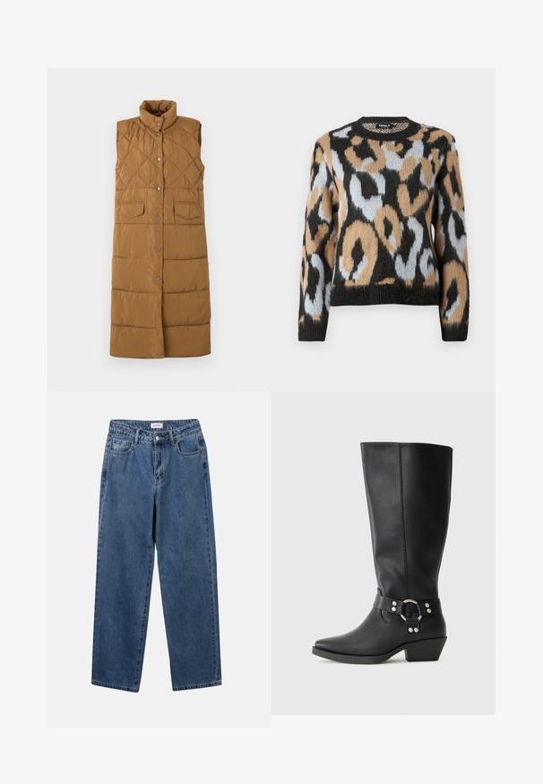 Lang, ærmeløs brun puffer vest med diamant quiltet mønster, høj krave, front snap lukning og to forreste lomme.; Sweater med leopardmønster, rund halsudskæring, lange ærmer og en blanding af sorte, brune og lyseblå farver med struktureret strikstof.; Klassiske blå denimbukser med lige ben, fem lommer og knaplukning. Har en medium vask og en robust tekstur.; Sorte læderknæhøje støvler med spids tå, der har en dekorativ ankelrem og sølvfarvede hardware-detaljer. Lav stablet hæl.