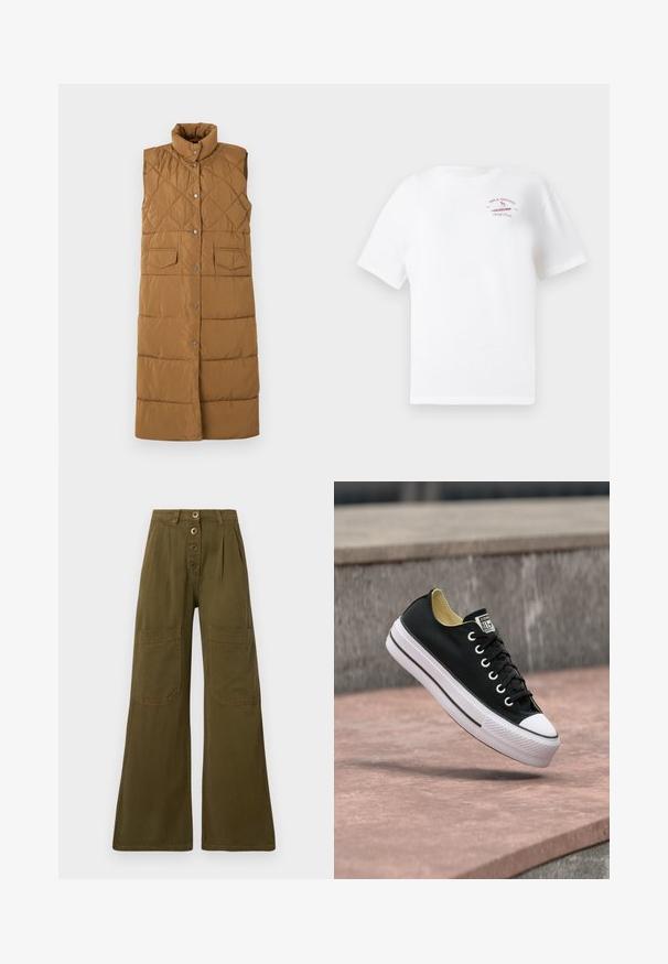 Lang, ærmeløs brun puffer vest med diamant quiltet mønster, høj krave, front snap lukning og to forreste lomme.; Hvid t-shirt med korte ærmer og lille rødt "Billabong Surf Club 1973" logo samt surfer grafik på venstre øverste bryst.; Olivengrønne bukser med vid ben, høj talje, lukning med fire knapper foran og store rektangulære lappelommer på lårene.; Sort lavskoet sneaker med hvid gummisål og tåhætte, som står på en lyserød betonoverflade nær en grå stenbænk.