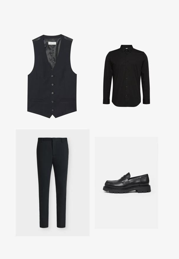 Gilet noir avec un décolleté en V, six boutons sur le devant, deux poches latérales et une doublure intérieure lisse. Le matériau a une finition texturée.; Chemise noire à manches longues en tissu lisse, avec un col pointu, une fermeture boutonnée à l'avant et un petit logo sur la poitrine.; Pantalon de costume noir coupe slim avec passants pour ceinture, fermeture éclair à l’avant et sans poches visibles, présenté sur un fond blanc uni.; Mocassin en cuir noir avec semelle épaisse crantée et détail de bride penny, présenté en profil droit sur fond blanc.