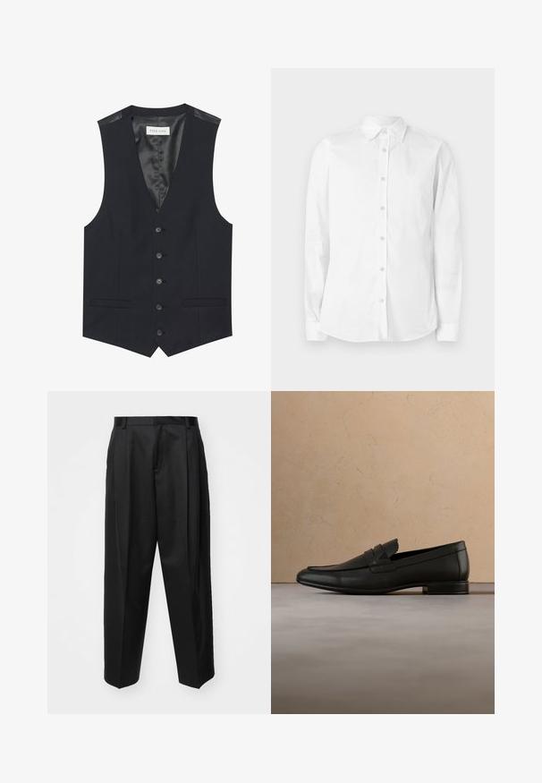 Gilet noir avec un décolleté en V, six boutons sur le devant, deux poches latérales et une doublure intérieure lisse. Le matériau a une finition texturée.; Chemise blanche à manches longues avec boutons, fabriquée en coton. Comprend un col pointu et un petit logo brodé sur la poitrine. Texture lisse.; Pantalon noir ajusté avec taille haute, jambes larges et plis marqués. Fabriqué dans un tissu lisse avec passants de ceinture et sans quincaillerie visible.; Mocassin en cuir noir flottant au-dessus d'un tapis beige avec un canapé beige dans un intérieur minimaliste.
