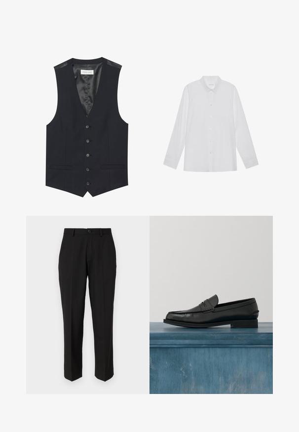 Gilet noir avec un décolleté en V, six boutons sur le devant, deux poches latérales et une doublure intérieure lisse. Le matériau a une finition texturée.; Chemise blanche à manches longues en tissu lisse, dotée d'un col pointu, d'une fermeture à boutons sur le devant et de poignets à un bouton.; Pantalon noir en tissu lisse, présentant une coupe droite, des poches avant, un bouton simple de fermeture et sans motifs visibles.; Mocassins noirs en cuir avec un design élégant, comportant un bout cousu et une finition lisse. La chaussure possède un talon bas et un minimum de détails.