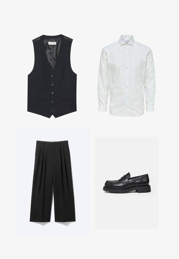 Gilet noir avec un décolleté en V, six boutons sur le devant, deux poches latérales et une doublure intérieure lisse. Le matériau a une finition texturée.; Chemise blanche à manches longues avec fermeture par boutons sur le devant et col pointu, présentée sur fond blanc.; Pantalon noir à jambes larges avec plis sur le devant, passants pour ceinture et fermeture à bouton, présenté sur un fond clair uni.; Mocassin en cuir noir avec semelle épaisse crantée et détail de bride penny, présenté en profil droit sur fond blanc.