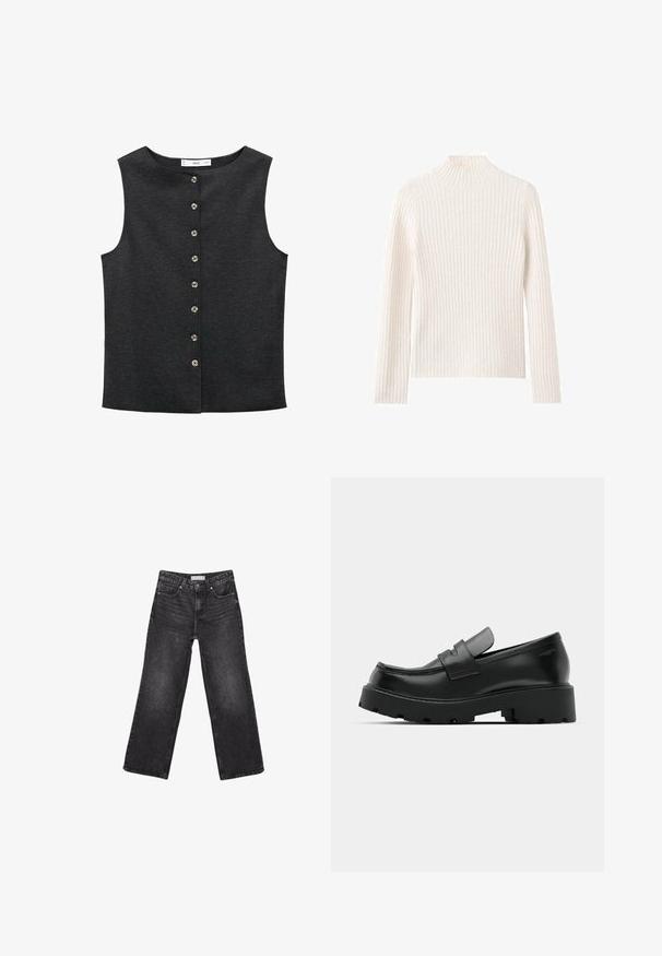 Mørkegrå ærmeløs top lavet af et glat stof. Har en rund halsudskæring og seks металiske knapper foran til lukning.; Ribstrikket rullekravesweater i off-white, lavet af blødt strikstof. Har lange ærmer og en tætsiddende silhuet.; Sorte denimjeans med brede ben, for- og baglommer, knaplukning og bæltestropper, lagt fladt på en hvid baggrund.; Sorte læder loafers med en chunky tekstureret sål, der har en rem over vamps og en glat, poleret finish.