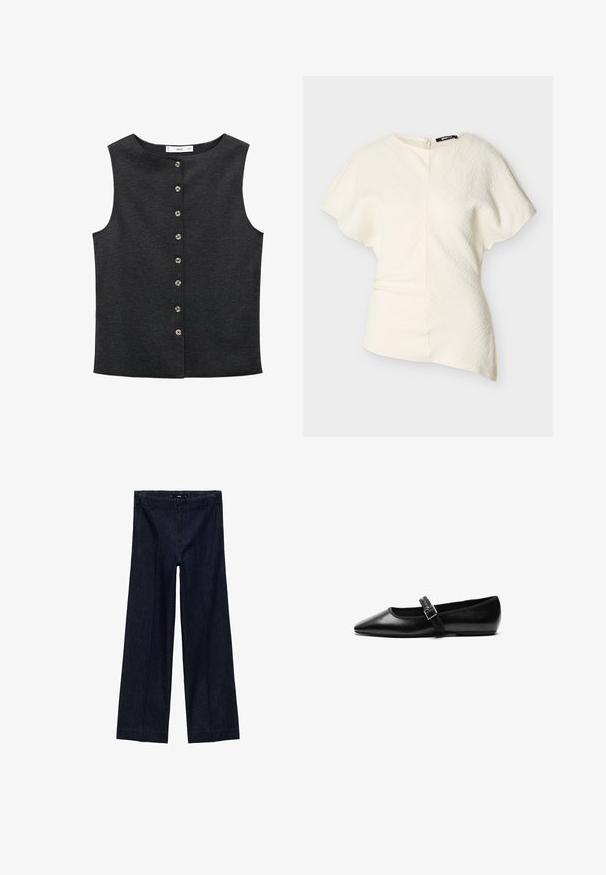 Mørkegrå ærmeløs top lavet af et glat stof. Har en rund halsudskæring og seks металiske knapper foran til lukning.; Asymmetrisk offwhite kortærmet bluse med struktureret stof og lynlås i siden.; Mørkeblå vidde denimbukser med høj talje, der har fold foran, lynlås i livet og fem bæltesløjfer i taljen.; Sorte flade sko lavet af læder med spidse tæer, justerbar rem med metalspænde, glat tekstur og minimalistisk design.