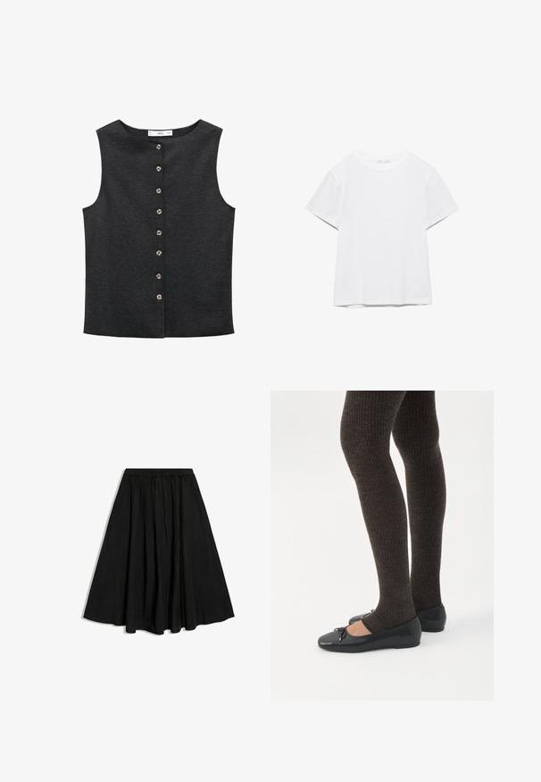 Mørkegrå ærmeløs top lavet af et glat stof. Har en rund halsudskæring og seks металiske knapper foran til lukning.; Hvid, kortærmet T-shirt med rund hals og lige kant, vist på en hvid baggrund.; Sort A-formet midi-nederdel med elastisk talje og diskrete læg, vist på hvid baggrund.; Ben iført mørke ribbede leggings kombineret med sorte balletsko med små sløjfedetaljer på hvid baggrund.