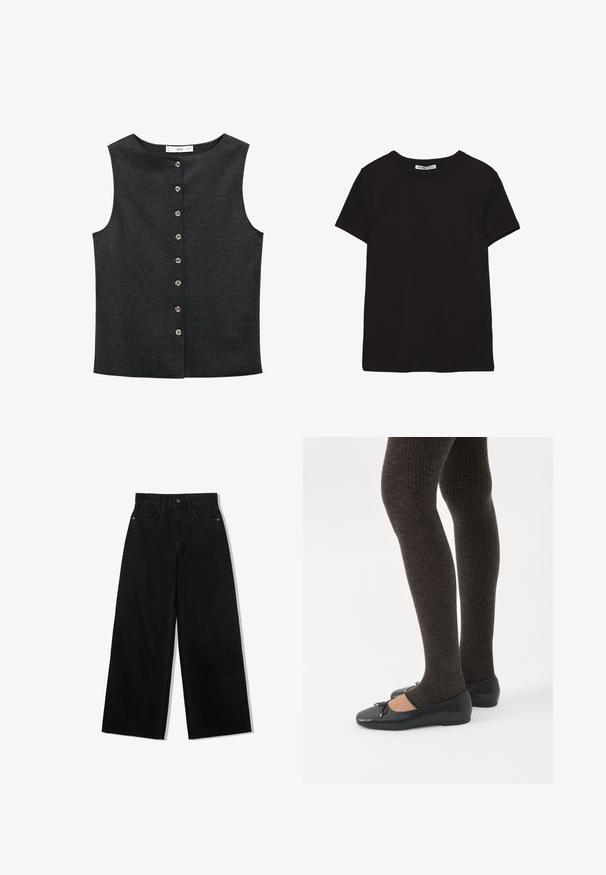 Mørkegrå ærmeløs top lavet af et glat stof. Har en rund halsudskæring og seks металiske knapper foran til lukning.; Sort kortærmet t-shirt i bomuld med rund halsudskæring, standard pasform og synlig indvendig halsmærkat.; Sorte, vidde jeans lavet af denim med høj talje, med en fem-lomme design og en enkelt knaplukning foran.; Ben iført mørke ribbede leggings kombineret med sorte balletsko med små sløjfedetaljer på hvid baggrund.
