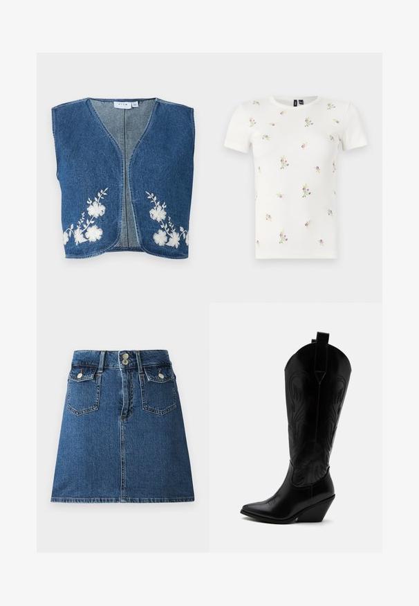 Chaleco de mezclilla con escote en V, adornado con bordado floral blanco a ambos lados. Tejido azul de textura media y bordes sin terminar.; Camiseta blanca de algodón con mangas cortas, que presenta una textura acanalada y bordados florales dispersos en tonos rosas y verdes por toda la prenda.; Falda de mezclilla en azul oscuro, con una cintura ajustada, dos bolsillos frontales, dos bolsillos traseros y cierres de botón en tono plateado.; Bota de vaquero de cuero negro con punta puntiaguda, tacón bloqueado inclinado, costuras decorativas y lengüetas en la parte superior sobre fondo blanco.