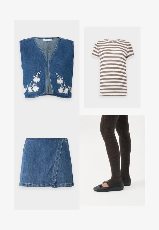 Chaleco de mezclilla con escote en V, adornado con bordado floral blanco a ambos lados. Tejido azul de textura media y bordes sin terminar.; Camiseta de manga corta con rayas horizontales marrones y blancas, cuello redondo, mostrada sobre un fondo blanco liso.; Minifalda de mezclilla en un color azul medio con un diseño envolvente, que presenta costuras visibles y un dobladillo recto.; Piernas con leggings oscuros acanalados combinados con bailarinas negras que presentan pequeños detalles de lazo sobre un fondo blanco.