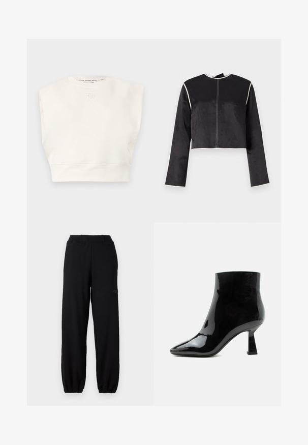 Cremefarvet cropped sweatshirt med rund hals og korte ærmer. Har et broderet logo foran og en blød tekstur.; Afkortet sort satin top med lange ærmer, hvid piping langs halsudskæringen og ærmerne samt en central søm ned langs forsiden.; Sorte sweatpants lavet af en bomuldsblanding, med elastisk talje og manchetter ved anklerne. Diskret logo-detalje på siden.; Sort blank laklæder ankelstøvle med spids tå og udvidet mellemhøj hæl på hvid baggrund.