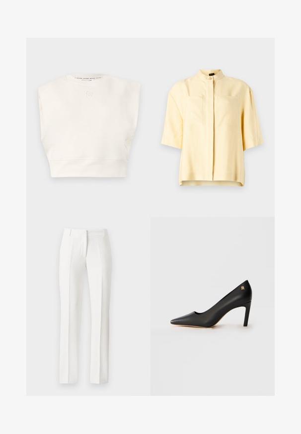 Cremefarvet cropped sweatshirt med rund hals og korte ærmer. Har et broderet logo foran og en blød tekstur.; Kortærmet gul bluse med mandarin-krave, der har to forlommer og en glat overflade. Rent, minimalistisk design.; Hvide skræddersyede bukser med lige ben, designet med flad front, sidelommer og en glat tekstur, lavet af letvægtsstof.; Sort læder højhælet sko med spids tå, mellemhøj stiletthæl og lille gul emblem nær hælen på hvid baggrund.
