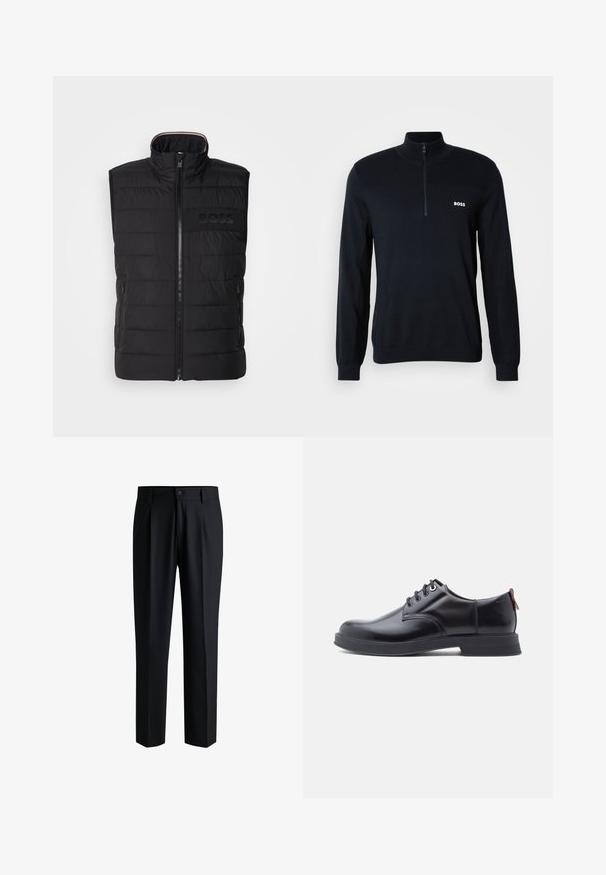 Gilet sans manches noir avec texture matelassée, col montant et fermeture éclair sur le devant. Présente un logo "BOSS" ton sur ton discret sur la poitrine et des poches latérales.; Pull-over bleu marine avec un col haut et une fermeture éclair sur la moitié. Le matériau est doux avec une finition texturée. Il présente un petit logo blanc "BOSS" sur la poitrine.; Pantalons noirs en tissu lisse, avec une coupe droite, des plis à l'avant et une fermeture à bouton avec passants de ceinture.; Chaussures en cuir noir à lacets avec une texture lisse, un bout arrondi et des détails de couture discrets. Présentent une languette rouge à l'arrière.