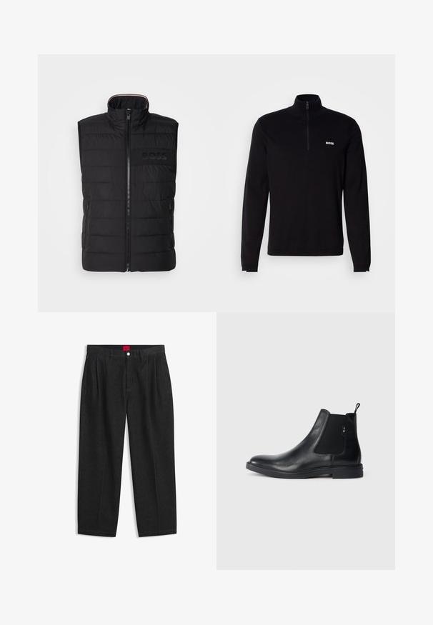 Schwarze ärmellose Weste mit gestepptem Muster, hohem Kragen und Frontreißverschluss. Verfügt über ein dezentes tonal "BOSS"-Logo auf der Brust sowie seitliche Taschen.; Schwarzer Langarm-Pullover mit halbem Reißverschluss am Kragen, mit Rippstruktur und weißem "BOSS"-Logo auf der Brust. Weiche Stoffverarbeitung.; Schwarze Hose mit hoher Taille, vorderen Falten, Gürtelschlaufen, Knopf- und Reißverschluss sowie einem roten Etikett innen am Bund.; Schwarze Leder Chelsea-Boots mit elastischen seitlichen Einsätzen, einer Zugschlaufe und einer flachen Gummisohle. Glatte Textur mit minimaler Ausgestaltung.