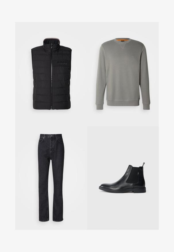 Chaleco sin mangas negro con textura acolchada, cuello alto y cremallera frontal. Presenta un sutil logo "BOSS" a tono en el pecho y bolsillos laterales.; BOSS WESTART - Sudadera - open grey sixteen; Jeans de mezclilla negros de cintura alta con cierre de botón y cremallera, bolsillos frontales y traseros, y corte recto.; Botines Chelsea de cuero negro con paneles elásticos laterales, una pestaña para tirar y una suela de goma plana. Textura suave con un detalle mínimo.