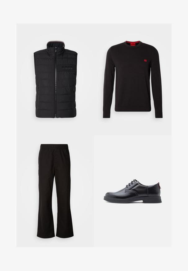 Sort ærmeløs vest med quiltet tekstur, høj krave og frontlynlås. Har et diskret tonalt "BOSS"-logo på brystet og sidelommer.; Sort crewneck sweatshirt lavet af blødt stof, med lange ærmer, ribbede manchetter og et lille rødt logo-patch på brystet.; Sorte bukser med elastisk talje og n tapered form, lavet af glat bomuldsstof. Har et enkelt design og lige benåbninger.; Sorte snørestøvler i læder med glat tekstur, rundet tå og diskrete syningsdetaljer. Har en rød trækflig på hælen.