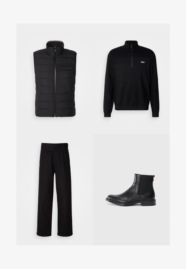 Sort ærmeløs vest med quiltet tekstur, høj krave og frontlynlås. Har et diskret tonalt "BOSS"-logo på brystet og sidelommer.; Sort pullover sweater med halv-zip krave, der har ribbet tekstur på skuldrene og et lille hvidt "BOSS" logo på brystet.; Sorte bukser lavet af glat stof, med lige ben, frontfolder og en enkelt knaplukning i taljen.; Sort læder Chelsea-støvle med elastiske sidepaneler, afrundet tå og lav, stablet hæl. Har en rød løftestrop og subtil branding på siden.