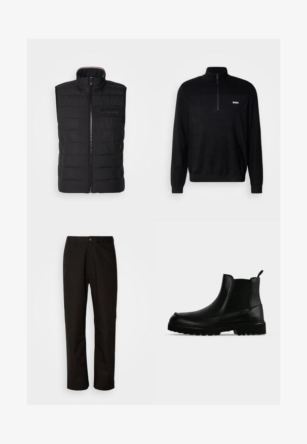 Sort ærmeløs vest med quiltet tekstur, høj krave og frontlynlås. Har et diskret tonalt "BOSS"-logo på brystet og sidelommer.; Sort pullover sweater med halv-zip krave, der har ribbet tekstur på skuldrene og et lille hvidt "BOSS" logo på brystet.; Sorte bomuldsbukser med lige pasform, bæltestropper, lynlås foran og en enkelt knappelukning. Glat tekstur uden synlige mønstre.; Sort læderankelstøvle med tekstureret sål, elastiske sidepaneler og træksnor på en lysegrå baggrund.