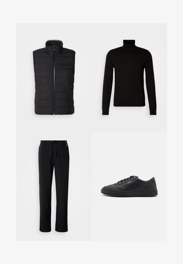Sort ærmeløs vest med quiltet tekstur, høj krave og frontlynlås. Har et diskret tonalt "BOSS"-logo på brystet og sidelommer.; Sort turtleneck sweater lavet af et fint strikket stof, der har lange ærmer og en tætsiddende silhuet. Glat tekstur med ribbede manchetter.; Sorte, letvægtsbukser med lige ben. Har elastiksnøre i taljen og en glat tekstur. Velegnede til afslappet brug.; Sorte lædersneakers med en glat overflade, rund tå, flad gummisål og tonede snørebånd. Udstyret med guld "BOSS" branding på siden.