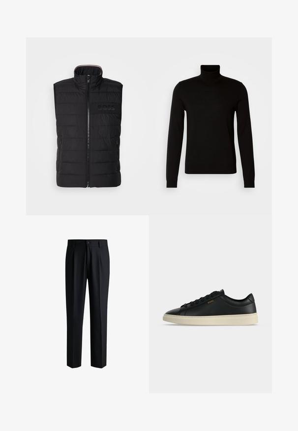 Gilet sans manches noir avec texture matelassée, col montant et fermeture éclair sur le devant. Présente un logo "BOSS" ton sur ton discret sur la poitrine et des poches latérales.; Pull col roulé noir en tissu tricoté fin, doté de manches longues et d'une silhouette ajustée. Texture lisse avec des poignets côtelés.; Pantalons noirs en tissu lisse, avec une coupe droite, des plis à l'avant et une fermeture à bouton avec passants de ceinture.; Baskets basses en cuir noir avec semelle blanche, lacets noirs et petit logo BOSS doré sur le côté.