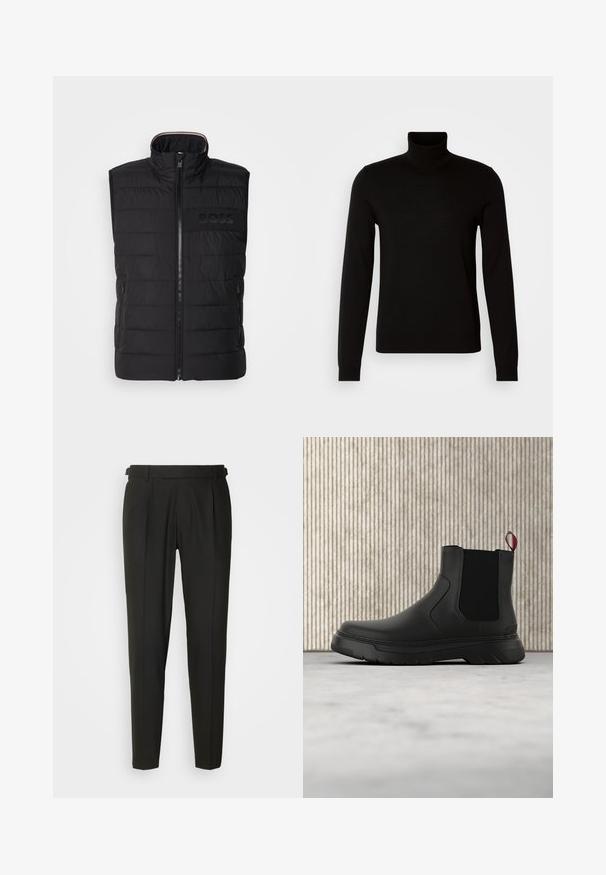 Chaleco sin mangas negro con textura acolchada, cuello alto y cremallera frontal. Presenta un sutil logo "BOSS" a tono en el pecho y bolsillos laterales.; Suéter negro de cuello alto confeccionado en un tejido de punto fino, con mangas largas y una silueta ajustada. Textura suave con puños acanalados.; Pantalones negros ajustados con frontales lisos, dos pliegues, trabillas para cinturón y diseño de pierna recta. Fabricados con una tela suave y ligera.; Botín negro con un acabado liso, paneles laterales elásticos y una lengüeta de tirón roja contrastante, que presenta una suela de goma gruesa y punta redondeada.
