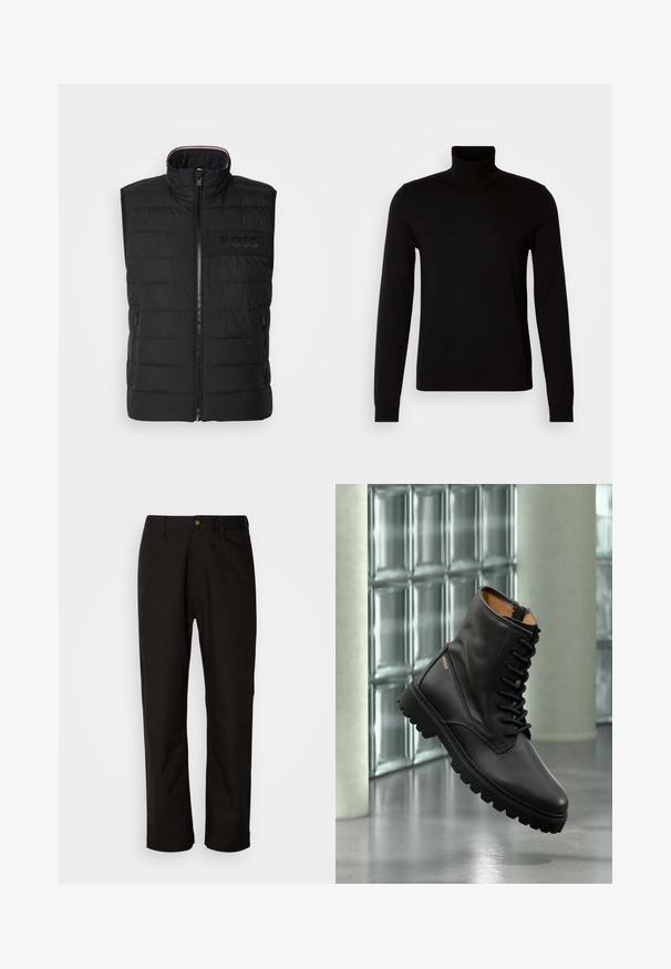 Schwarze ärmellose Weste mit gestepptem Muster, hohem Kragen und Frontreißverschluss. Verfügt über ein dezentes tonal "BOSS"-Logo auf der Brust sowie seitliche Taschen.; Schwarzer Rollkragenpullover aus feiner Strickware, mit langen Ärmeln und taillierter Silhouette. Glatte Textur mit gerippten Bündchen.; Schwarze Baumwollhosen mit geradem Schnitt, Gürtelschlaufen, einem Reißverschluss vorne und einem einzelnen Knopfverschluss. Glatte Textur ohne sichtbare Muster.; Schwarzer Leder-Schnürkampfstiefel mit dicker Sohle, goldenem "HUGO"-Logo an der Seite, präsentiert in modernem Innenraum mit Glasbausteinwand im Hintergrund.