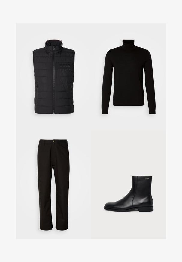 Schwarze ärmellose Weste mit gestepptem Muster, hohem Kragen und Frontreißverschluss. Verfügt über ein dezentes tonal "BOSS"-Logo auf der Brust sowie seitliche Taschen.; Schwarzer Rollkragenpullover aus feiner Strickware, mit langen Ärmeln und taillierter Silhouette. Glatte Textur mit gerippten Bündchen.; Schwarze Baumwollhosen mit geradem Schnitt, Gürtelschlaufen, einem Reißverschluss vorne und einem einzelnen Knopfverschluss. Glatte Textur ohne sichtbare Muster.; Schwarzer Leder-Knöchelstiefel mit niedrigem Absatz, seitlicher Naht und kleinem "HUGO" Logo am oberen Schaft vor einfarbigem Hintergrund.