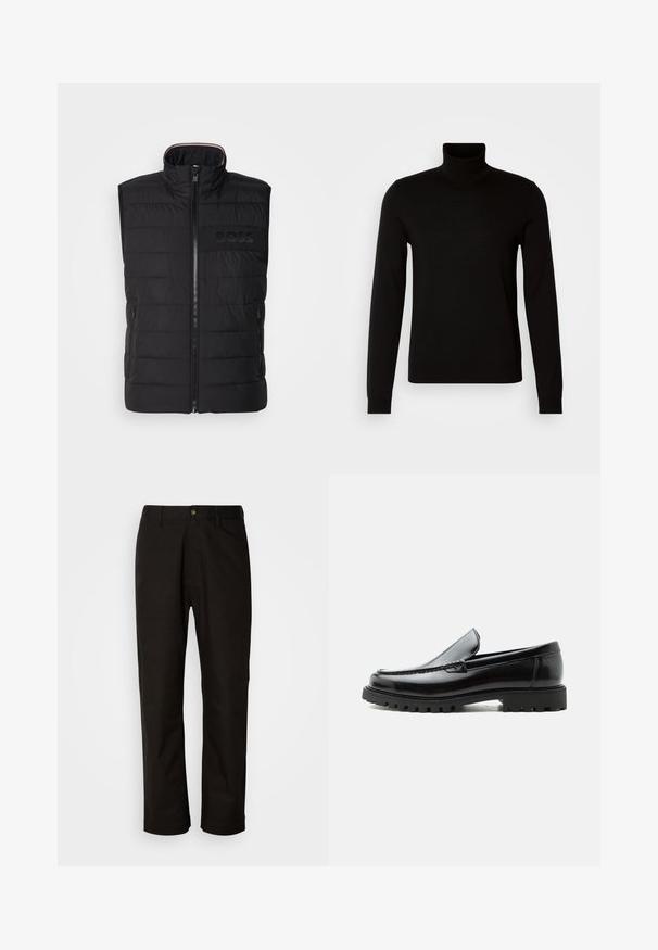 Schwarze ärmellose Weste mit gestepptem Muster, hohem Kragen und Frontreißverschluss. Verfügt über ein dezentes tonal "BOSS"-Logo auf der Brust sowie seitliche Taschen.; Schwarzer Rollkragenpullover aus feiner Strickware, mit langen Ärmeln und taillierter Silhouette. Glatte Textur mit gerippten Bündchen.; Schwarze Baumwollhosen mit geradem Schnitt, Gürtelschlaufen, einem Reißverschluss vorne und einem einzelnen Knopfverschluss. Glatte Textur ohne sichtbare Muster.; Schwarzer Lederloafer mit grober Gummisohle, genähter Oberseite und geprägtem Markennamen an der Ferse, seitlich auf weißem Hintergrund gezeigt.