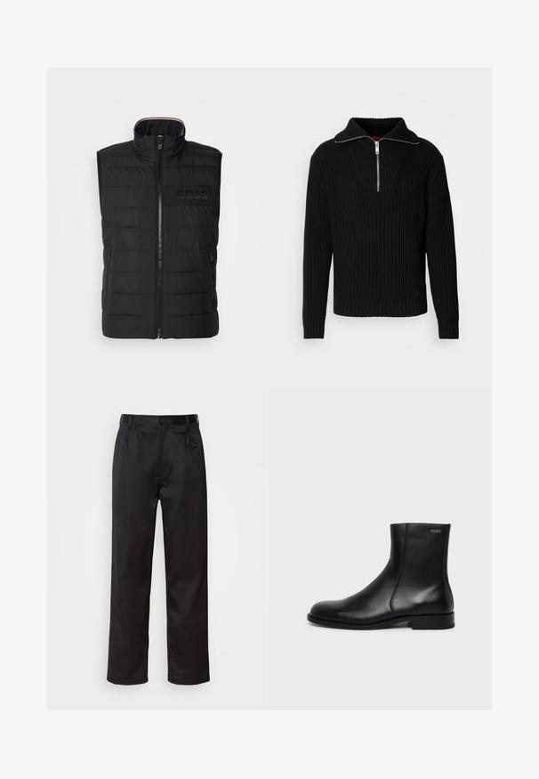 Chaleco sin mangas negro con textura acolchada, cuello alto y cremallera frontal. Presenta un sutil logo "BOSS" a tono en el pecho y bolsillos laterales.; Suéter negro acanalado con un cuello alto y una cremallera corta. Presenta una tela texturizada y puños ajustados, proporcionando una silueta estructurada.; Pantalones negros de tela suave, con cierre delantero de botón, pliegues y patas rectas. Sin patrones ni acentos visibles.; Botín negro de cuero con tacón bajo, costura lateral y pequeño logo "HUGO" en el puño superior sobre un fondo liso.