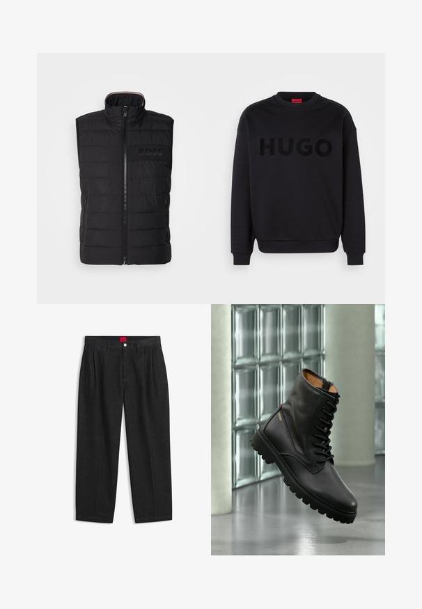 Sort ærmeløs vest med quiltet tekstur, høj krave og frontlynlås. Har et diskret tonalt "BOSS"-logo på brystet og sidelommer.; Sort sweatshirt lavet af blødt materiale, med en rund halsudskæring og lange ærmer. Ordet "HUGO" er iøjnefaldende vist i en skinnende sort skrifttype.; Sorte bukser med høj talje med forreste læg, bæltestropper, knap og lynlås lukning samt en rød label indeni linningen.; Sort læder snørestøvle i kampstil med tyk sål, guld "HUGO" logo på siden, vist i moderne indendørs miljø med glasblokvæg i baggrunden.