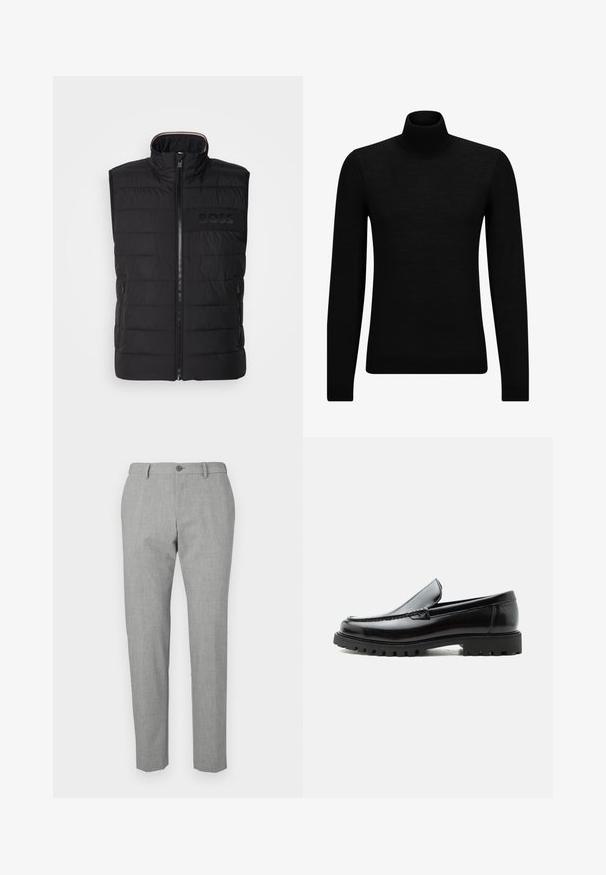 Sort ærmeløs vest med quiltet tekstur, høj krave og frontlynlås. Har et diskret tonalt "BOSS"-logo på brystet og sidelommer.; Sort turtleneck sweater lavet af blødt materiale, med lange ærmer og en tætsiddende pasform. Ribbet trim ved kanten og manchetter. Simpelt design.; Grå bukser lavet af et tekstureret stof, med knaplukning, en skræddersyet pasform og lige ben.; Sort læderloafer med chunky gummisål, syet overdel og præget mærkenavn på hælen, vist i sideprofil på hvid baggrund.