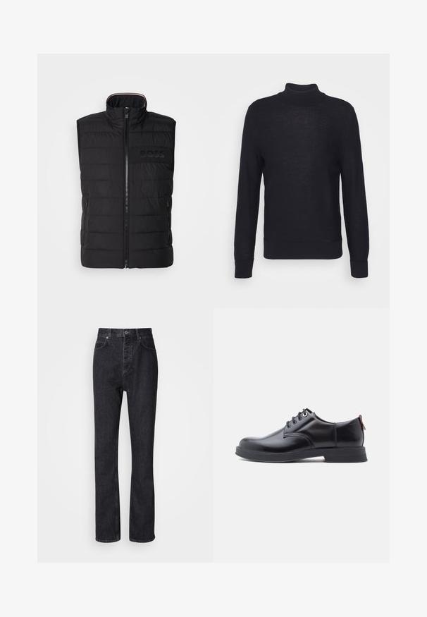 Sort ærmeløs vest med quiltet tekstur, høj krave og frontlynlås. Har et diskret tonalt "BOSS"-logo på brystet og sidelommer.; Sort turtleneck sweater lavet af letvævet materiale, med lange ærmer og ribbede manchetter og bund. Subtil tonal branding på brystet.; Høj talje sorte denim jeans med knap- og lynlåsåbning, for- og baglommer samt lige ben.; Sorte snørestøvler i læder med glat tekstur, rundet tå og diskrete syningsdetaljer. Har en rød trækflig på hælen.