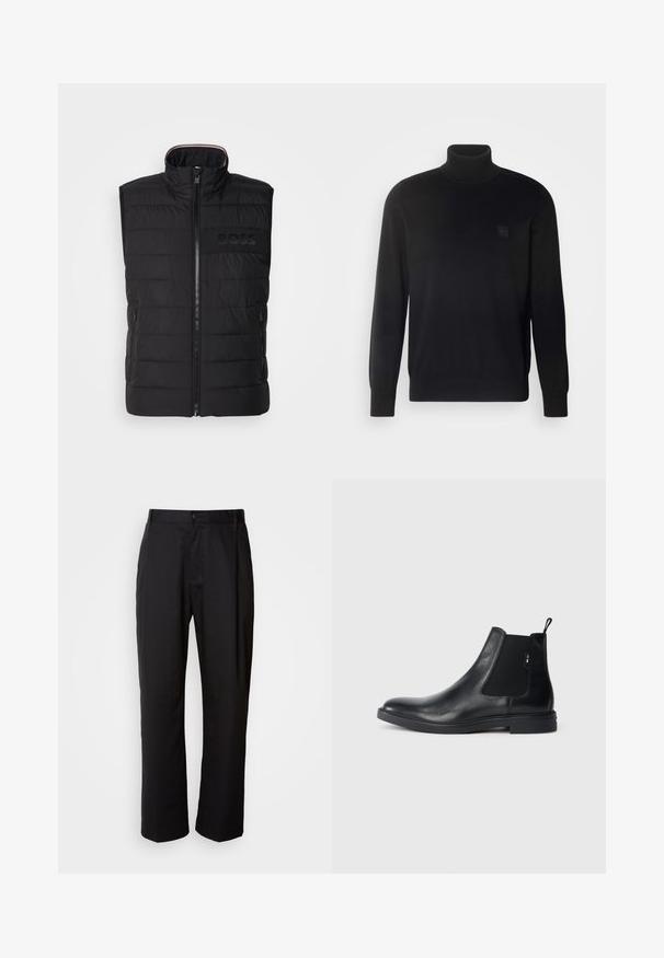 Schwarze ärmellose Weste mit gestepptem Muster, hohem Kragen und Frontreißverschluss. Verfügt über ein dezentes tonal "BOSS"-Logo auf der Brust sowie seitliche Taschen.; Schwarzer Rollkragenpullover mit langen Ärmeln, geripptem Kragen und Bündchen, aus einem glatten Stoff gefertigt. Mit einem kleinen Logo-Patch auf der Brust.; Schwarze Hosen mit geradem Schnitt, aus leichtem Stoff gefertigt. Verfügt über einen vorderen Knopfverschluss und zwei seitliche Taschen; glatte Textur.; Schwarze Leder Chelsea-Boots mit elastischen seitlichen Einsätzen, einer Zugschlaufe und einer flachen Gummisohle. Glatte Textur mit minimaler Ausgestaltung.