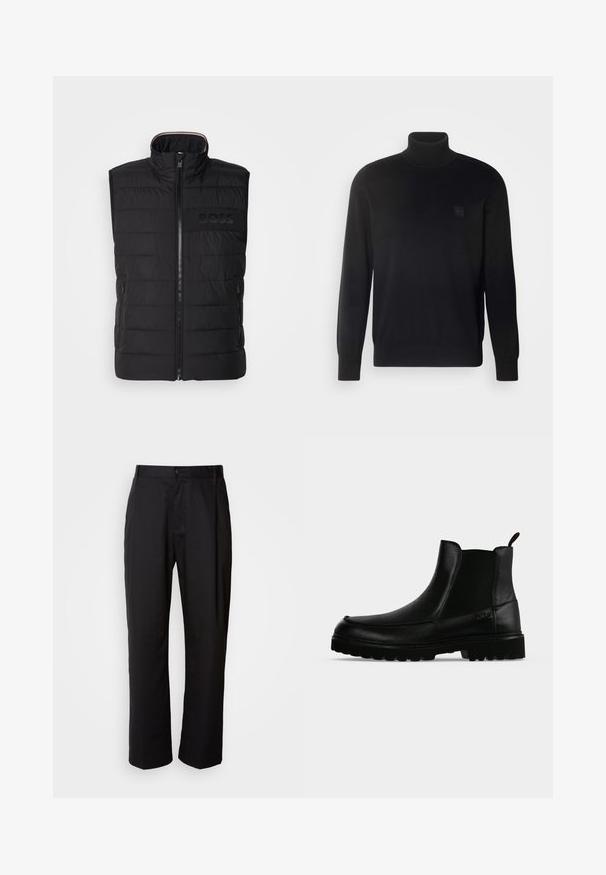 Schwarze ärmellose Weste mit gestepptem Muster, hohem Kragen und Frontreißverschluss. Verfügt über ein dezentes tonal "BOSS"-Logo auf der Brust sowie seitliche Taschen.; Schwarzer Rollkragenpullover mit langen Ärmeln, geripptem Kragen und Bündchen, aus einem glatten Stoff gefertigt. Mit einem kleinen Logo-Patch auf der Brust.; Schwarze Hosen mit geradem Schnitt, aus leichtem Stoff gefertigt. Verfügt über einen vorderen Knopfverschluss und zwei seitliche Taschen; glatte Textur.; Schwarzer Lederknöchelstiefel mit strukturierter Sohle, elastischen Seitenteilen und Zuglasche vor einem hellgrauen Hintergrund.