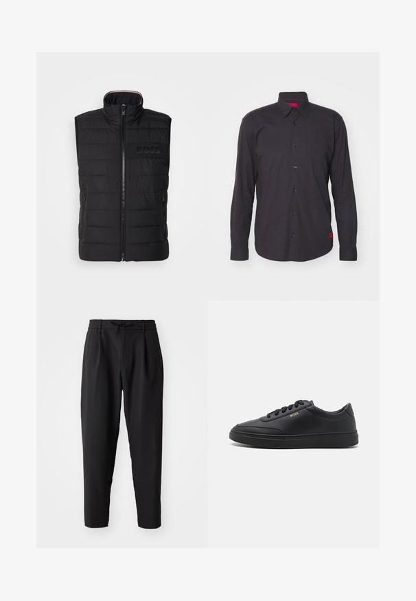 Gilet sans manches noir avec texture matelassée, col montant et fermeture éclair sur le devant. Présente un logo "BOSS" ton sur ton discret sur la poitrine et des poches latérales.; Chemise noire à manches longues en coton, dotée d'un col pointu, d'une fermeture à boutons et d'un accent rouge à l'intérieur du col. Tissu texturé sans motifs.; Pantalons noirs fuselés avec une taille élastique et un cordon de serrage. Tissu lisse avec une texture légère, présentant des plis et des poches latérales.; Baskets en cuir noir avec une texture lisse, bout rond, semelle en caoutchouc plate et lacets ton sur ton. Présente une marque "BOSS" dorée sur le côté.