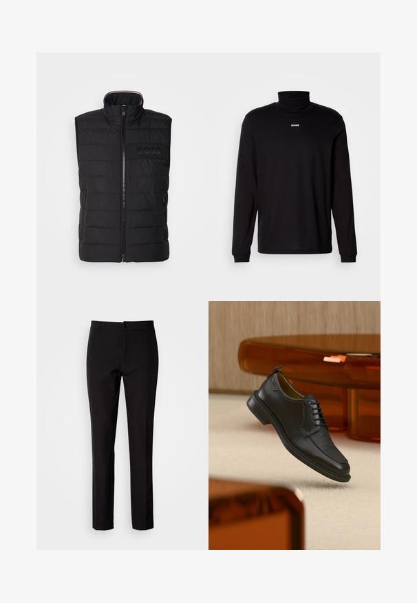 Sort ærmeløs vest med quiltet tekstur, høj krave og frontlynlås. Har et diskret tonalt "BOSS"-logo på brystet og sidelommer.; Sort langærmet turtleneck skjorte lavet af glat stof, med et hvidt "HUGO" logo på brystet, samt tætsiddende manchetter og kant.; Sorte bukser lavet af glat stof, med lige ben, lukkes med knapper foran og har diskrete sidelommer. Enkelt og skræddersyet udseende.; Sort lædersko med snørebånd og tekstureret front, svævende over beige tæppe i et moderne rum med møbler i ravfarvet toning.
