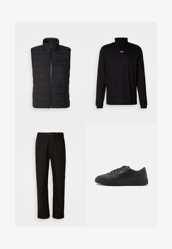 Zwarte sans-mouwen vest met gequiltde textuur, hoge kraag en ritssluiting aan de voorkant. Heeft een subtiele tonale "BOSS" logo op de borst en zijzakken.; Zwarte turtleneckshirt met lange mouwen, gemaakt van soepel materiaal, met een witte "HUGO" logo op de borst, en met aansluitende manchetten en zoom.; Zwarte katoenen broek met een rechte snit, riemlussen, een ritssluiting aan de voorkant en een enkele knoopsluiting. Soepele textuur zonder zichtbare patronen.; Zwarte leren sneakers met een gladde textuur, ronde neus, platte rubberen zool en tonale veters. Kenmerkt zich door de gouden "BOSS" branding aan de zijkant.