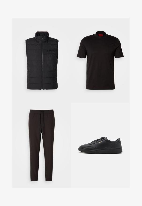 Sort ærmeløs vest med quiltet tekstur, høj krave og frontlynlås. Har et diskret tonalt "BOSS"-logo på brystet og sidelommer.; Sort kortærmet t-shirt med høj hals design. Fremstillet af glat stof. Har et rødt mærke på indersiden af kraven.; Sorte joggingbukser lavet af blødt stof, med en elastisk bæltelås og snor, tætsiddende ben og uden synlige mønstre eller udsmykninger.; Sorte lædersneakers med en glat overflade, rund tå, flad gummisål og tonede snørebånd. Udstyret med guld "BOSS" branding på siden.
