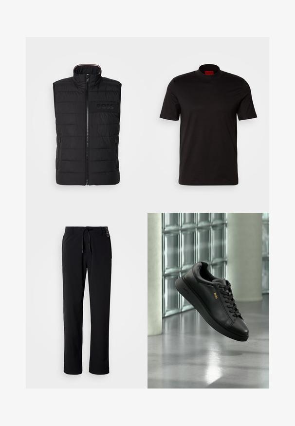 Gilet sans manches noir avec texture matelassée, col montant et fermeture éclair sur le devant. Présente un logo "BOSS" ton sur ton discret sur la poitrine et des poches latérales.; T-shirt noir à manches courtes avec un design à col haut. Fabriqué en tissu lisse. Présente une étiquette de marque rouge à l'intérieur du col.; Pantalon noir et léger avec une coupe droite. Doté d'une taille à cordon de serrage et d'une texture lisse. Convient pour une tenue décontractée.; Baskets basses en cuir noir avec lacets, logo "BOSS" doré sur le côté, présentées en suspension à l'intérieur devant un mur de briques de verre et un fond en béton.