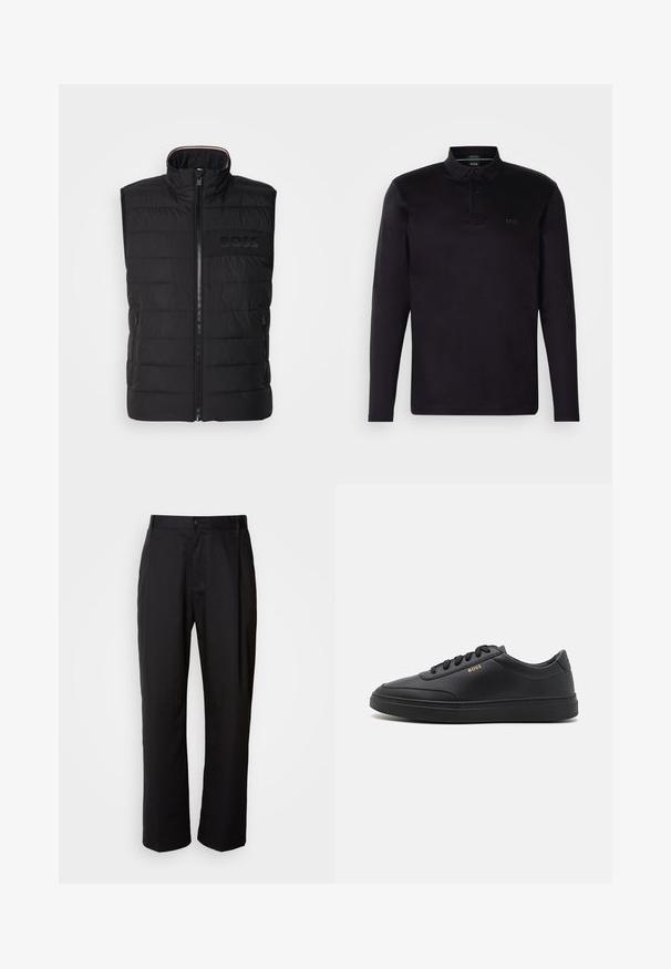 Schwarze ärmellose Weste mit gestepptem Muster, hohem Kragen und Frontreißverschluss. Verfügt über ein dezentes tonal "BOSS"-Logo auf der Brust sowie seitliche Taschen.; Schwarzes Longsleeve-Polohemd aus weichem Material, mit einer Drei-Knopf-Leiste, Kragen und dezentem "BOSS"-Logo auf der Vorderseite.; Schwarze Hosen mit geradem Schnitt, aus leichtem Stoff gefertigt. Verfügt über einen vorderen Knopfverschluss und zwei seitliche Taschen; glatte Textur.; Schwarze Leder-Sneaker mit glatter Textur, runder Zehenpartie, flacher Gummisohle und einfarbigen Schnürsenkeln. Mit goldfarbenem "BOSS" Logo an der Seite.