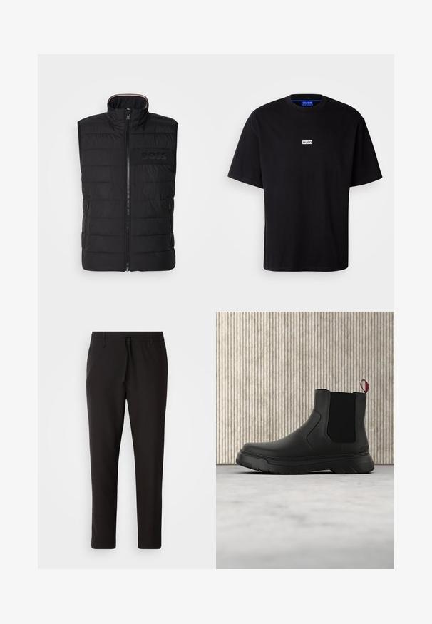 Sort ærmeløs vest med quiltet tekstur, høj krave og frontlynlås. Har et diskret tonalt "BOSS"-logo på brystet og sidelommer.; Sort bomulds t-shirt med rund hals, korte ærmer og et hvidt rektangulært "HUGO" logo på brystet. Glat overflade, afslappet pasform.; Sorte joggebukser lavet af glat stof. Har en elastisk talje med snor, tætsiddende ben og ingen synlige lommer. Enkel design.; Sort ankelstøvle med en glat overflade, elastiske sidepaneler og en kontrasterende rød træksløjfe, der har en tyk gummisål og rund tå.