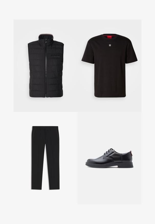 Schwarze ärmellose Weste mit gestepptem Muster, hohem Kragen und Frontreißverschluss. Verfügt über ein dezentes tonal "BOSS"-Logo auf der Brust sowie seitliche Taschen.; HUGO DALILE - T-Shirt basic - black; Schwarze formelle Hose mit Vorderfalten, Seitentaschen, Gürtelschlaufen und geradem Bein.; Schwarze Leder-Schnürschuhe mit glatter Textur, rundem Zehenbereich und dezenten Ziernähten. Mit einem roten Laschenband an der Ferse.