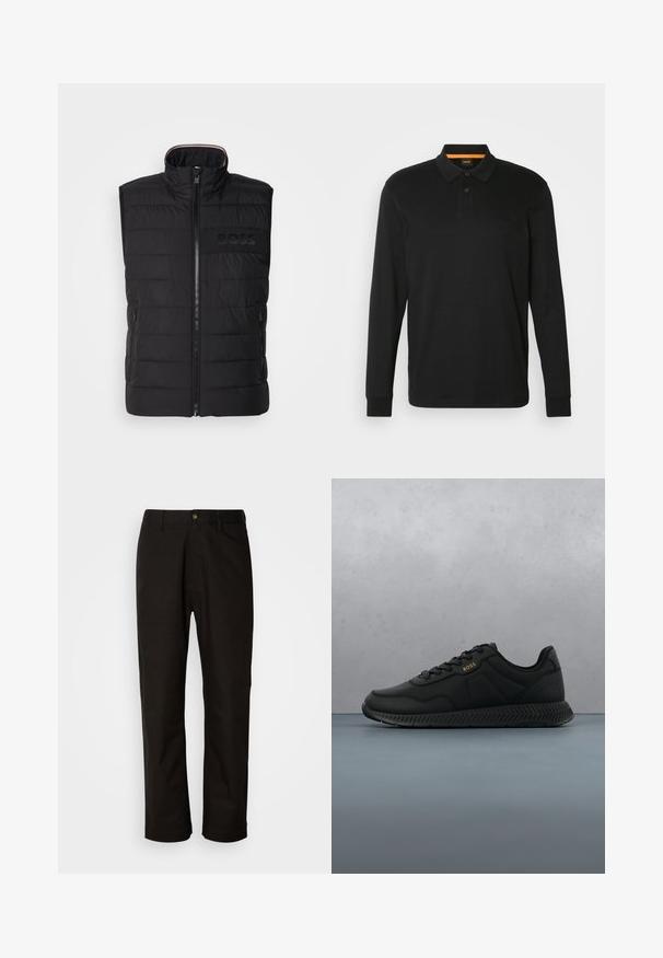Sort ærmeløs vest med quiltet tekstur, høj krave og frontlynlås. Har et diskret tonalt "BOSS"-logo på brystet og sidelommer.; Sort langærmet polo shirt lavet af bomuld. Har en klassisk krave, to-knaps placket og præget logo på brystet.; Sorte bomuldsbukser med lige pasform, bæltestropper, lynlås foran og en enkelt knappelukning. Glat tekstur uden synlige mønstre.; Sorte atletiske sneakers med en glat tekstiloverdel, gummisål og diskrete prægede detaljer. Har snørebåndsdesign og minimal branding.