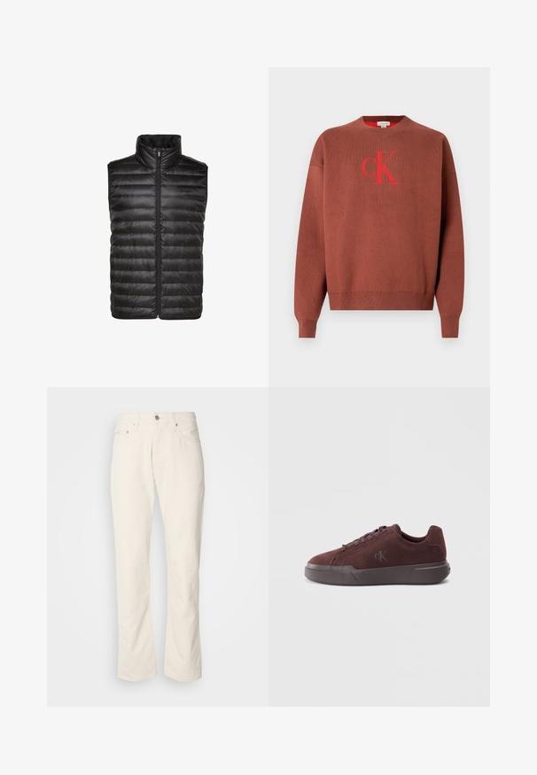 Zwart puffy vest met hoge kraag, voorzien van een doorgestikt patroon, een rits aan de voorkant en zonder mouwen. Gemaakt van glanzend, lichtgewicht materiaal.; Bruine gebreide trui met een ronde hals, voorzien van een rood "CK" logo op de voorkant. Geribbelde manchetten en zoom, gladde textuur.; Beige katoenen jeans met een klassiek recht model, met een knoopsluiting aan de voorkant, vijf zakken en subtiele stikdetails.; Bordeaux suède sneaker met een rubberen zool, voorzien van ronde veters en een subtiele, geïmplanteerde logo op de zijkant voor branding.