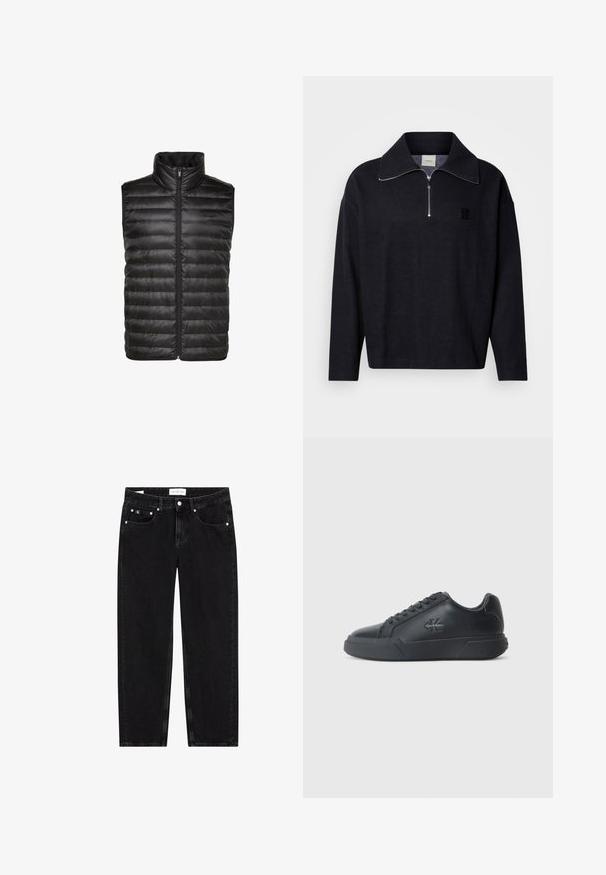 Zwart puffy vest met hoge kraag, voorzien van een doorgestikt patroon, een rits aan de voorkant en zonder mouwen. Gemaakt van glanzend, lichtgewicht materiaal.; Donkerblauwe pullover met hoge kraag, halve rits aan de voorkant en een vierkant logopatch. Gemaakt van zachte, gestructureerde stof met lange mouwen.; Zwarte denim jeans met een rechte pasvorm, een licht verwassen textuur, vijf zakken en zilveren hardware details. Label op de tailleband.; Zwarte leren sneakers hebben een ronde neus, platte zool en vetersluiting. Opvallende details zijn onder andere een subtiel logo aan de zijkant.
